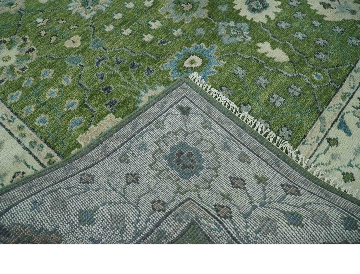 Royal Green and Ivory Custom Made Hand knotted Traditional Oushak wool Area Rug.