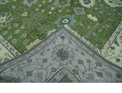 Royal Green and Ivory Custom Made Hand knotted Traditional Oushak wool Area Rug.