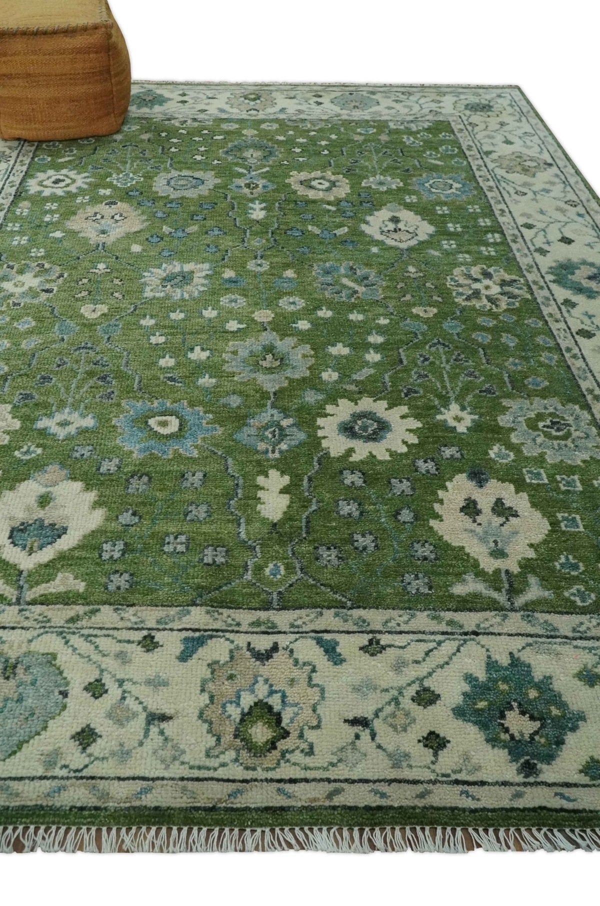 Royal Green and Ivory Custom Made Hand knotted Traditional Oushak wool Area Rug.