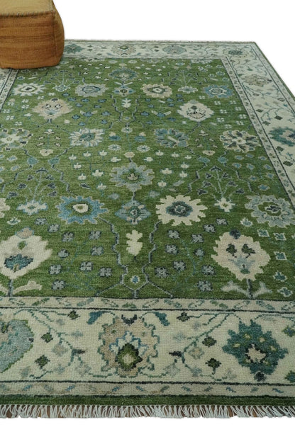 Royal Green and Ivory Custom Made Hand knotted Traditional Oushak wool Area Rug.