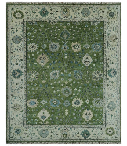 Royal Green and Ivory Custom Made Hand knotted Traditional Oushak wool Area Rug.