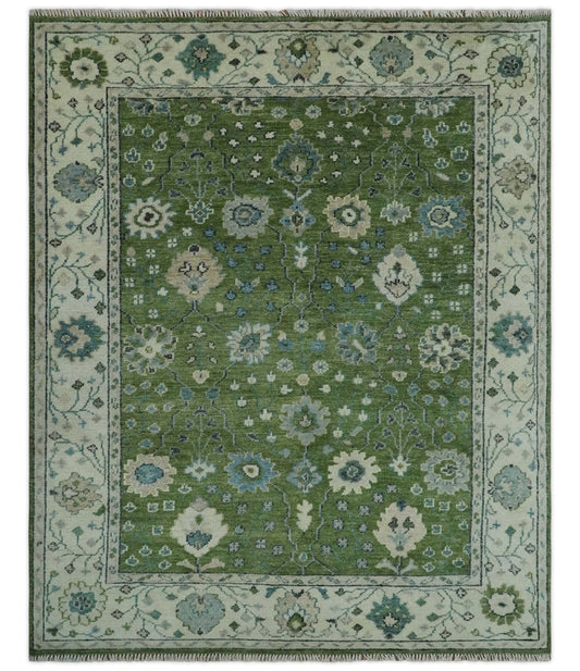 Royal Green and Ivory Custom Made Hand knotted Traditional Oushak wool Area Rug.