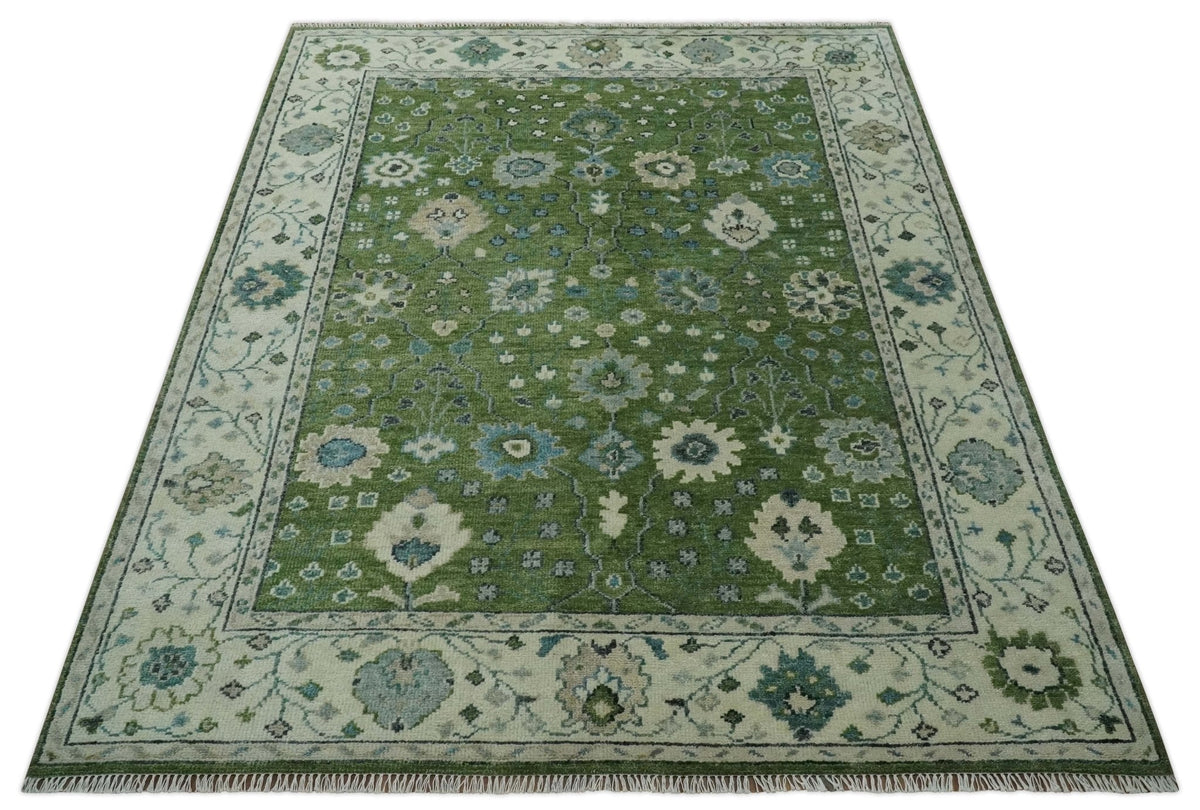 Royal Green and Ivory Custom Made Hand knotted Traditional Oushak wool Area Rug.