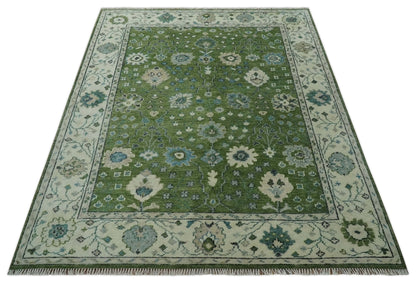Royal Green and Ivory Custom Made Hand knotted Traditional Oushak wool Area Rug.