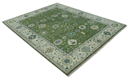 Royal Green and Ivory Custom Made Hand knotted Traditional Oushak wool Area Rug.
