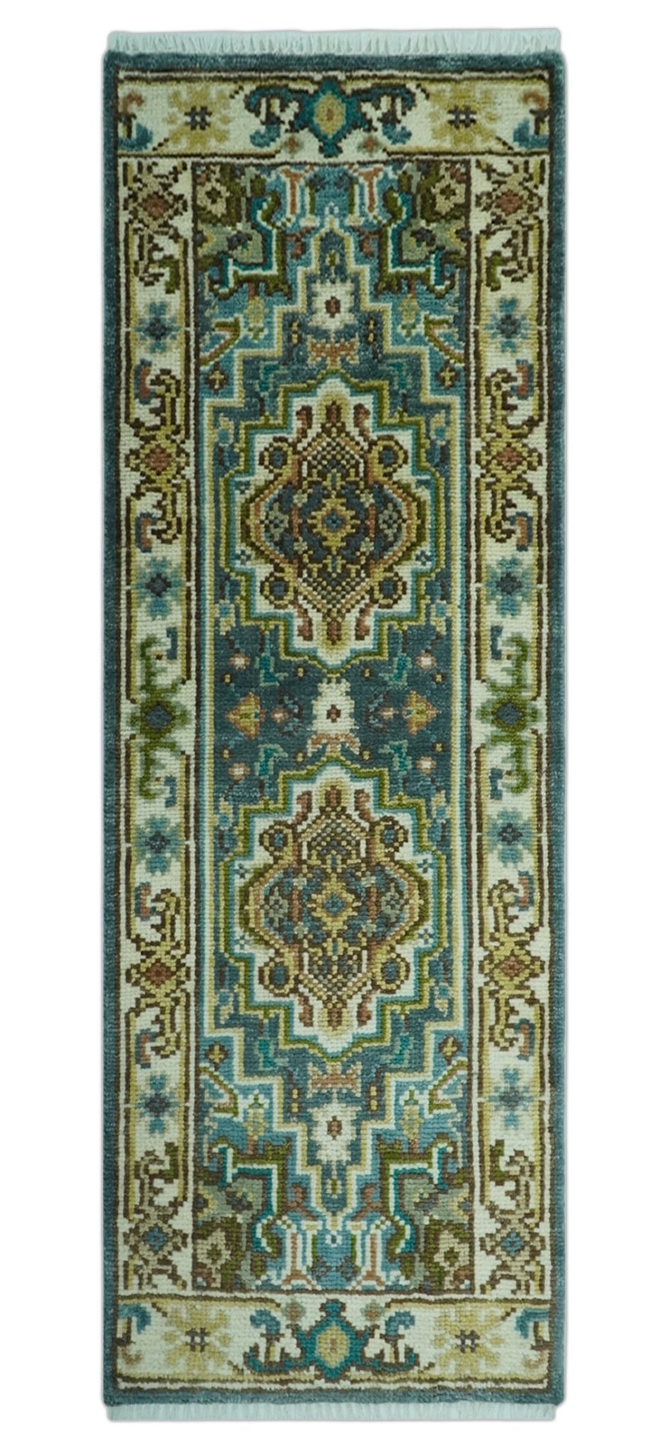 Runner Blue And Brown Traditional Heriz Hand Knotted Made to Order Wool Rug.