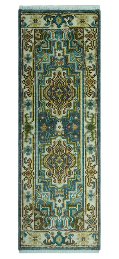 Runner Blue And Brown Traditional Heriz Hand Knotted Made to Order Wool Rug.