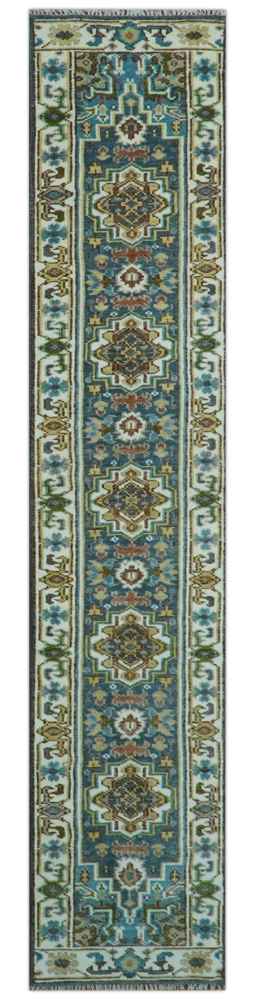 Runner Blue And Brown Traditional Heriz Hand Knotted Made to Order Wool Rug.