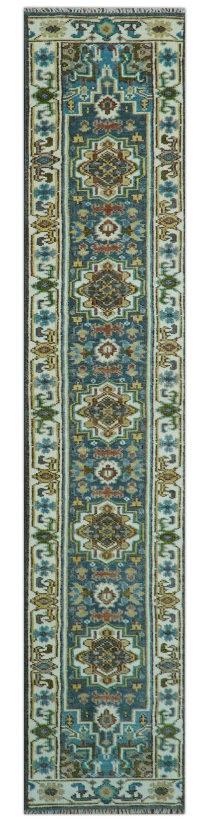 Runner Blue And Brown Traditional Heriz Hand Knotted Made to Order Wool Rug.