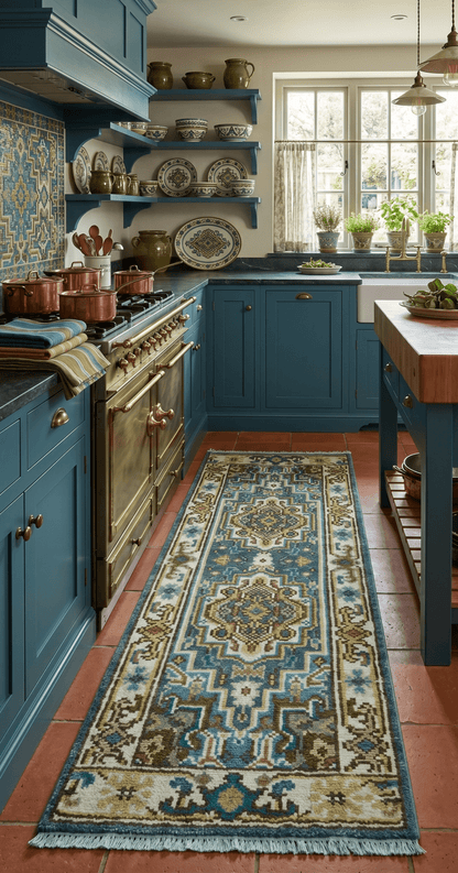 Runner Blue And Brown Traditional Heriz Hand Knotted Made to Order Wool Rug.