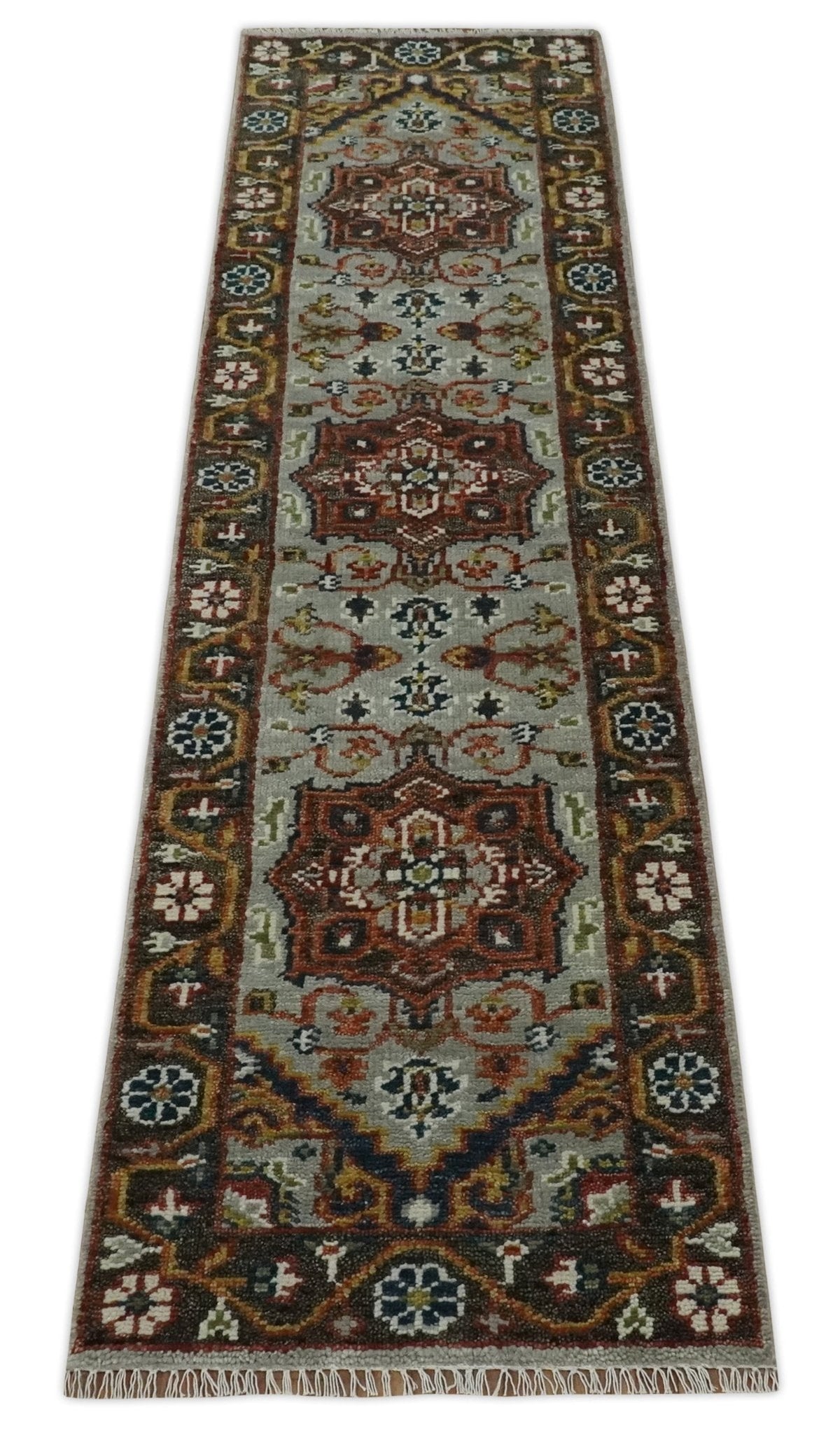 Runner Brown And Gray Heriz Hand Knotted Made to Order Wool Rug.