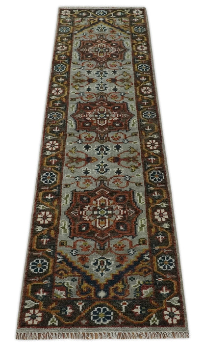 Runner Brown And Gray Heriz Hand Knotted Made to Order Wool Rug.