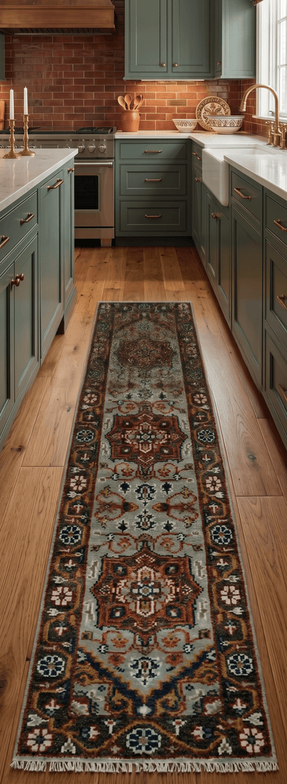 Runner Brown And Gray Heriz Hand Knotted Made to Order Wool Rug.