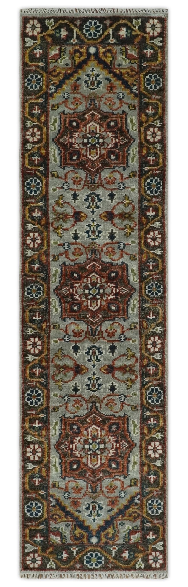 Runner Brown And Gray Heriz Hand Knotted Made to Order Wool Rug.