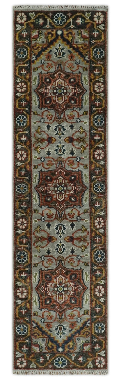 Runner Brown And Gray Heriz Hand Knotted Made to Order Wool Rug.