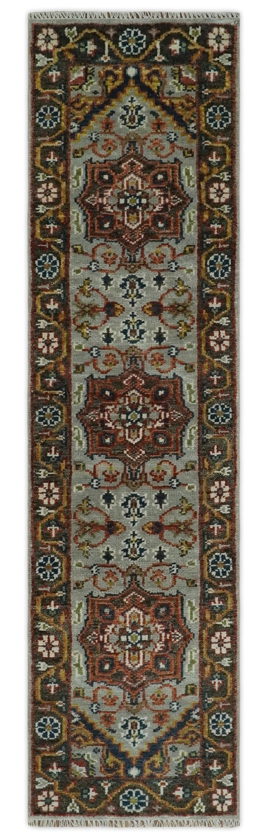 Runner Brown And Gray Heriz Hand Knotted Made to Order Wool Rug.