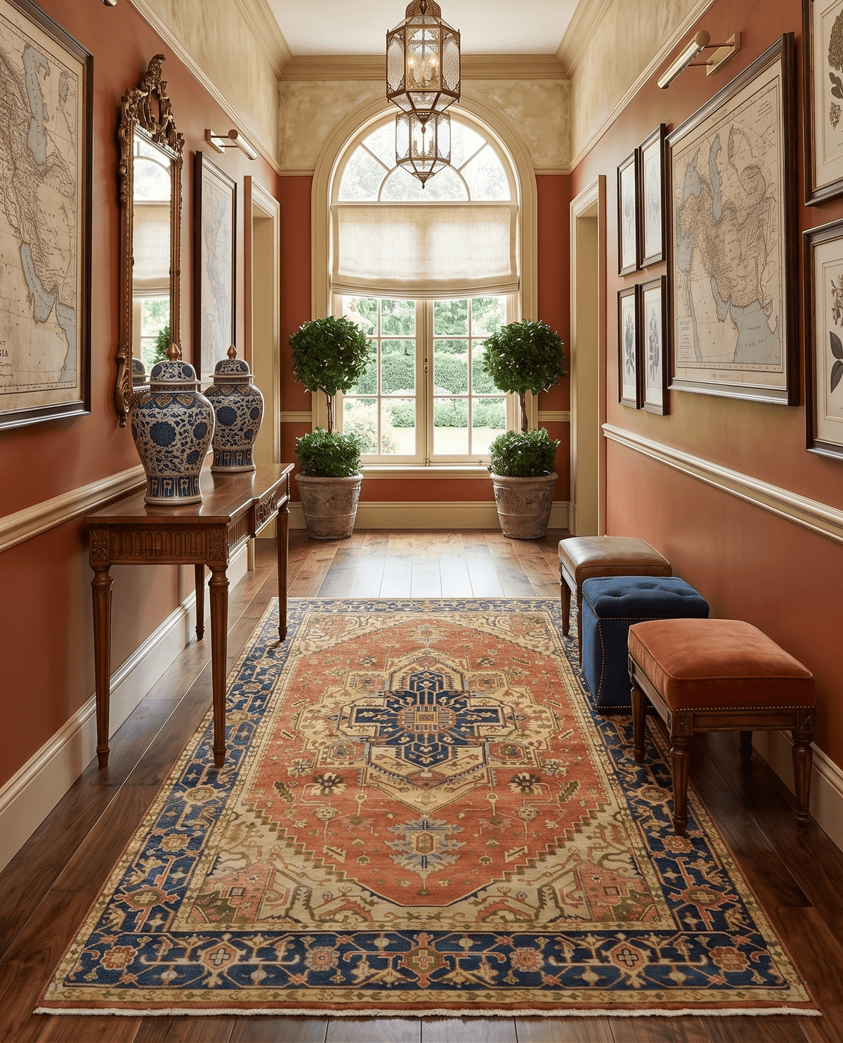 Rust And Blue Traditional Heriz Hand knotted Wool Area Rug.