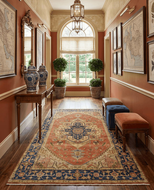 Rust And Blue Traditional Heriz Hand knotted Wool Area Rug.
