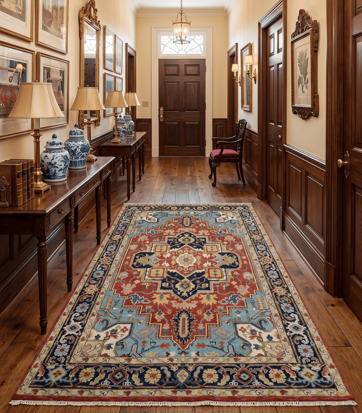 Rust And Blue Traditional Medallion Hand Knotted Wool Area Rug.