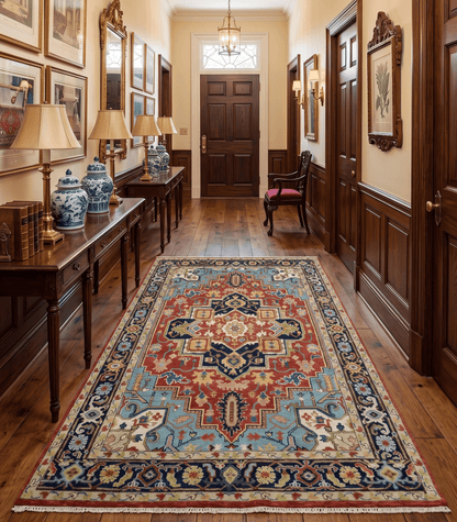 Rust And Blue Traditional Medallion Hand Knotted Wool Area Rug.