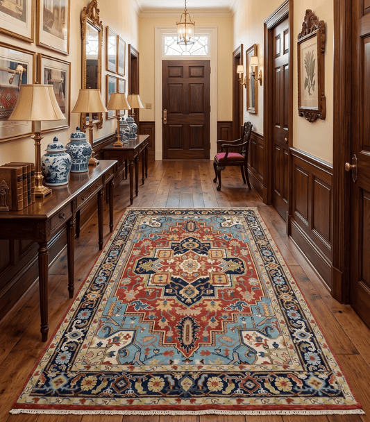 Rust And Blue Traditional Medallion Hand Knotted Wool Area Rug.