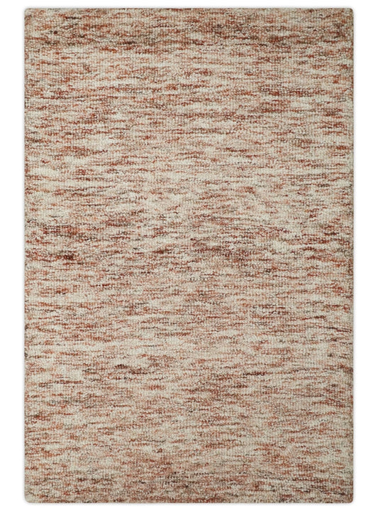 Rust and Ivory Modern Solid Design Hand Tufted Wool Area Rug.