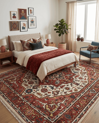 Rust And Ivory Traditional Medallion Hand Knotted Wool Area Rug.