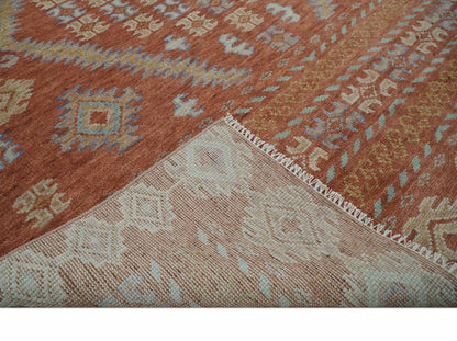 Rust, Beige and Blue Hand knotted Traditional Multi Size Oriental wool Area Rug.