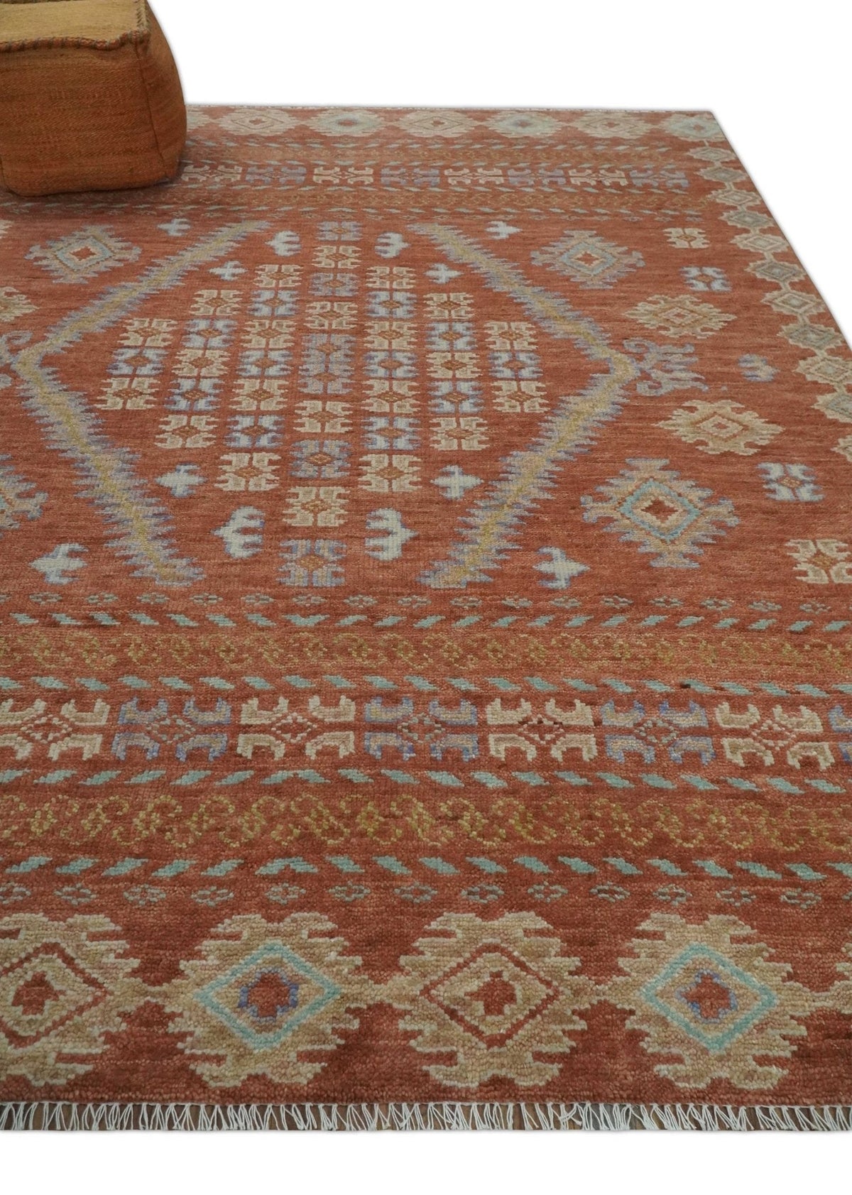 Rust, Beige and Blue Hand knotted Traditional Multi Size Oriental wool Area Rug.