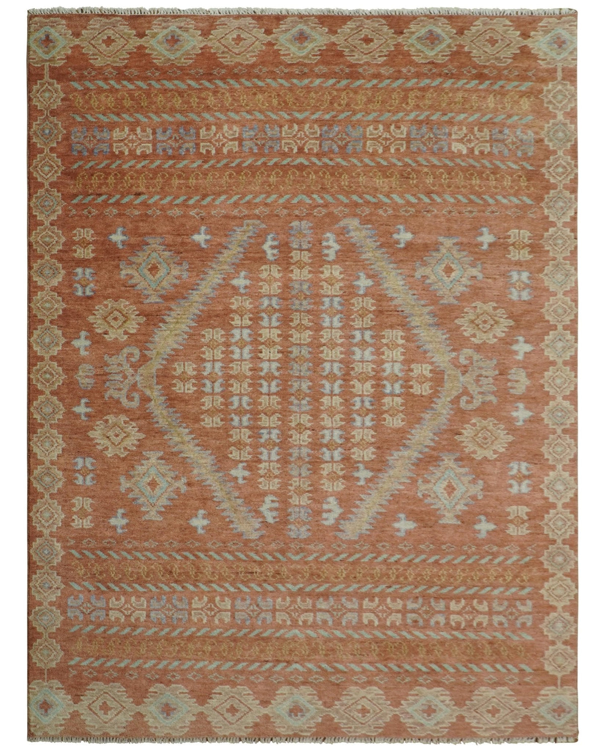 Rust, Beige and Blue Hand knotted Traditional Multi Size Oriental wool Area Rug.