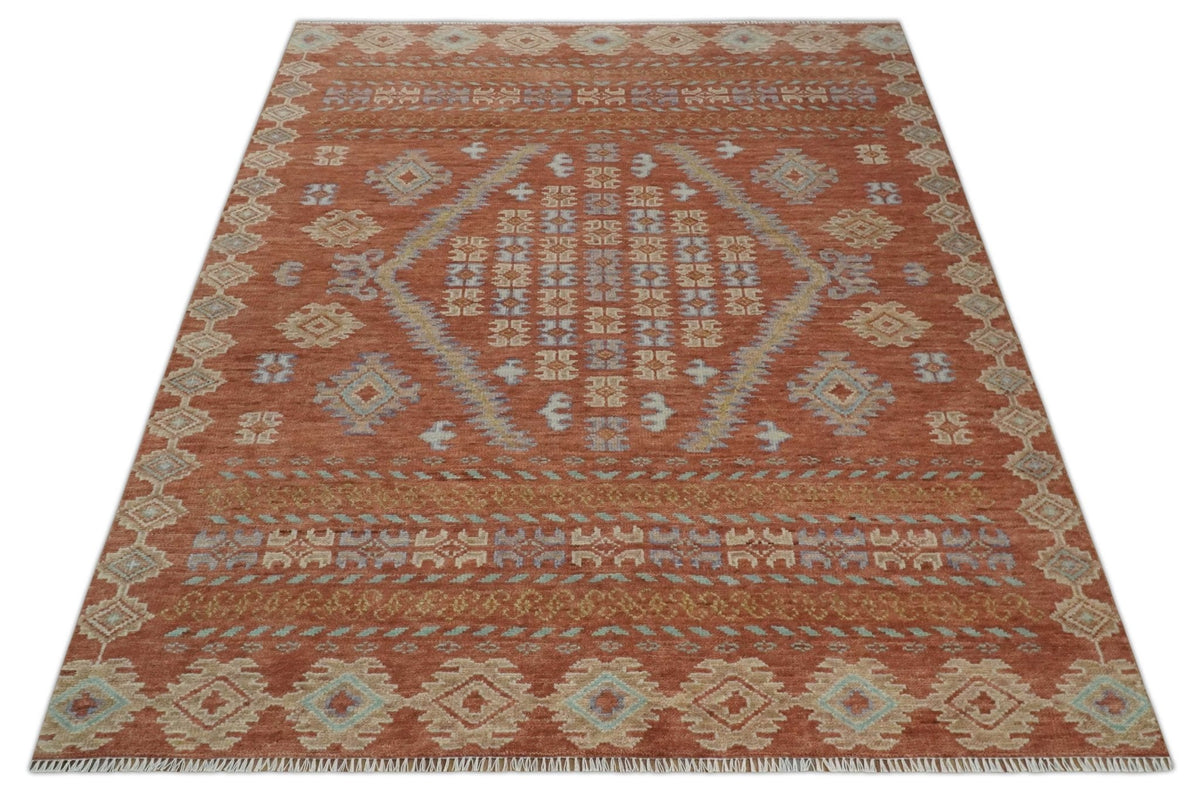 Rust, Beige and Blue Hand knotted Traditional Multi Size Oriental wool Area Rug.