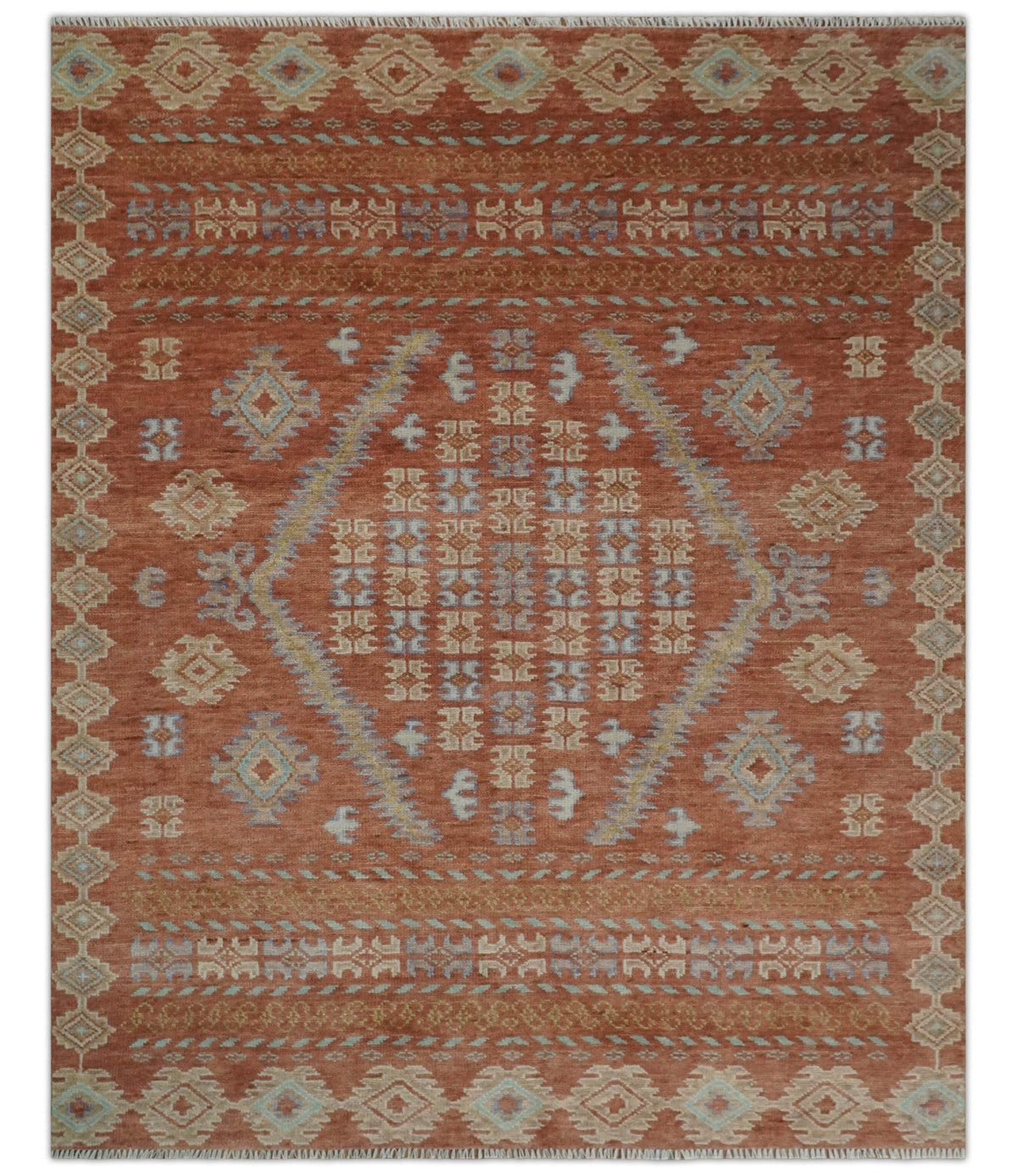 Rust, Beige and Blue Hand knotted Traditional Multi Size Oriental wool Area Rug.