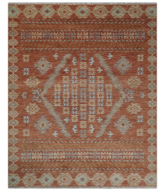 Rust, Beige and Blue Hand knotted Traditional Multi Size Oriental wool Area Rug.