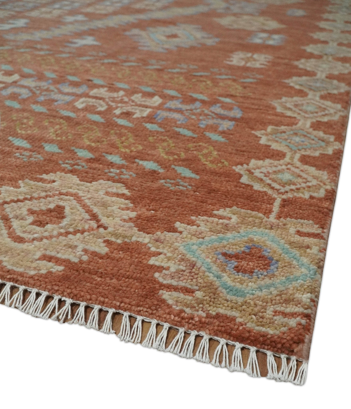 Rust, Beige and Blue Hand knotted Traditional Multi Size Oriental wool Area Rug.