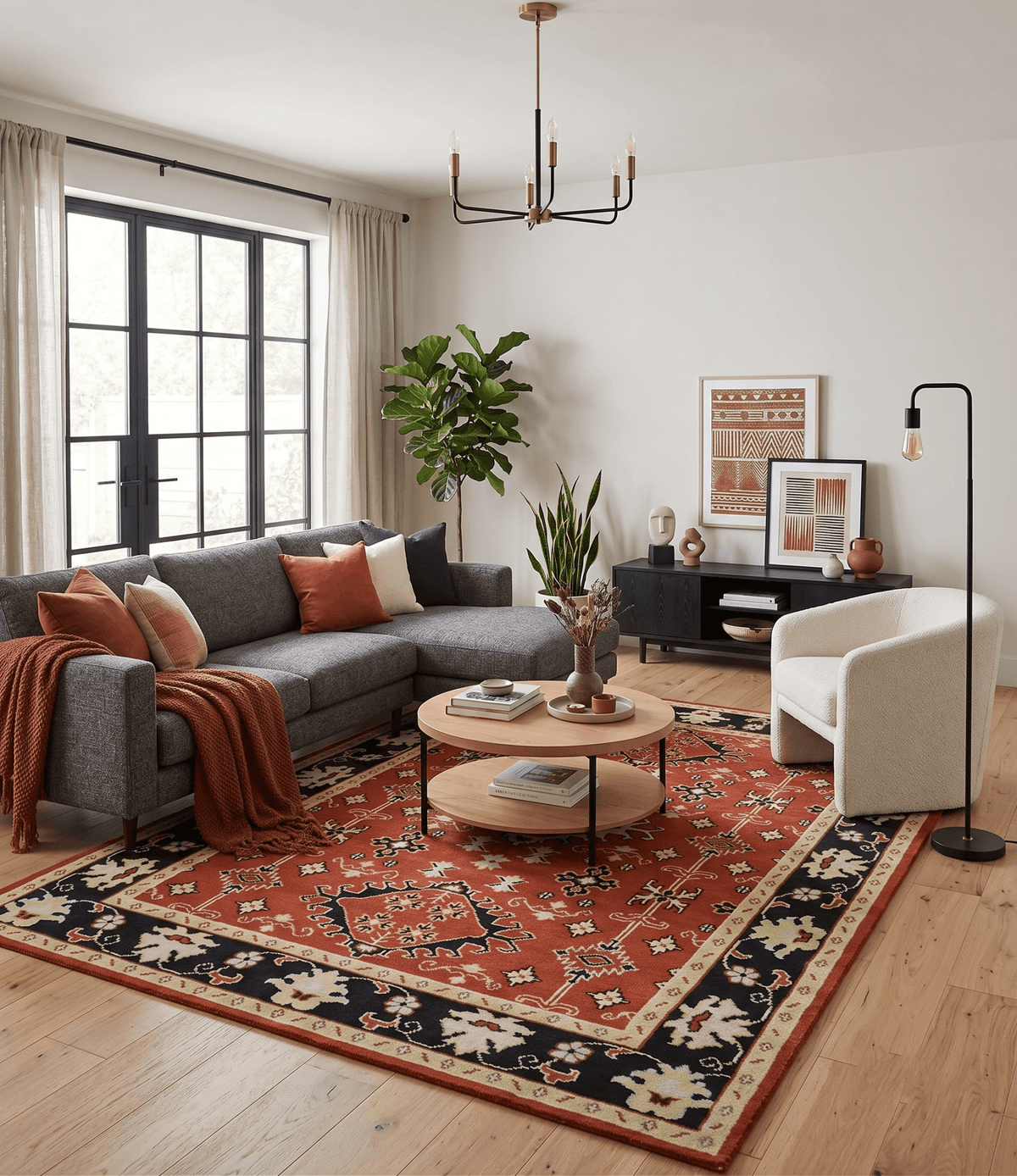 Rust, Black and Beige Traditional Oriental Hand Knotted Custom Made Wool Area Rug.