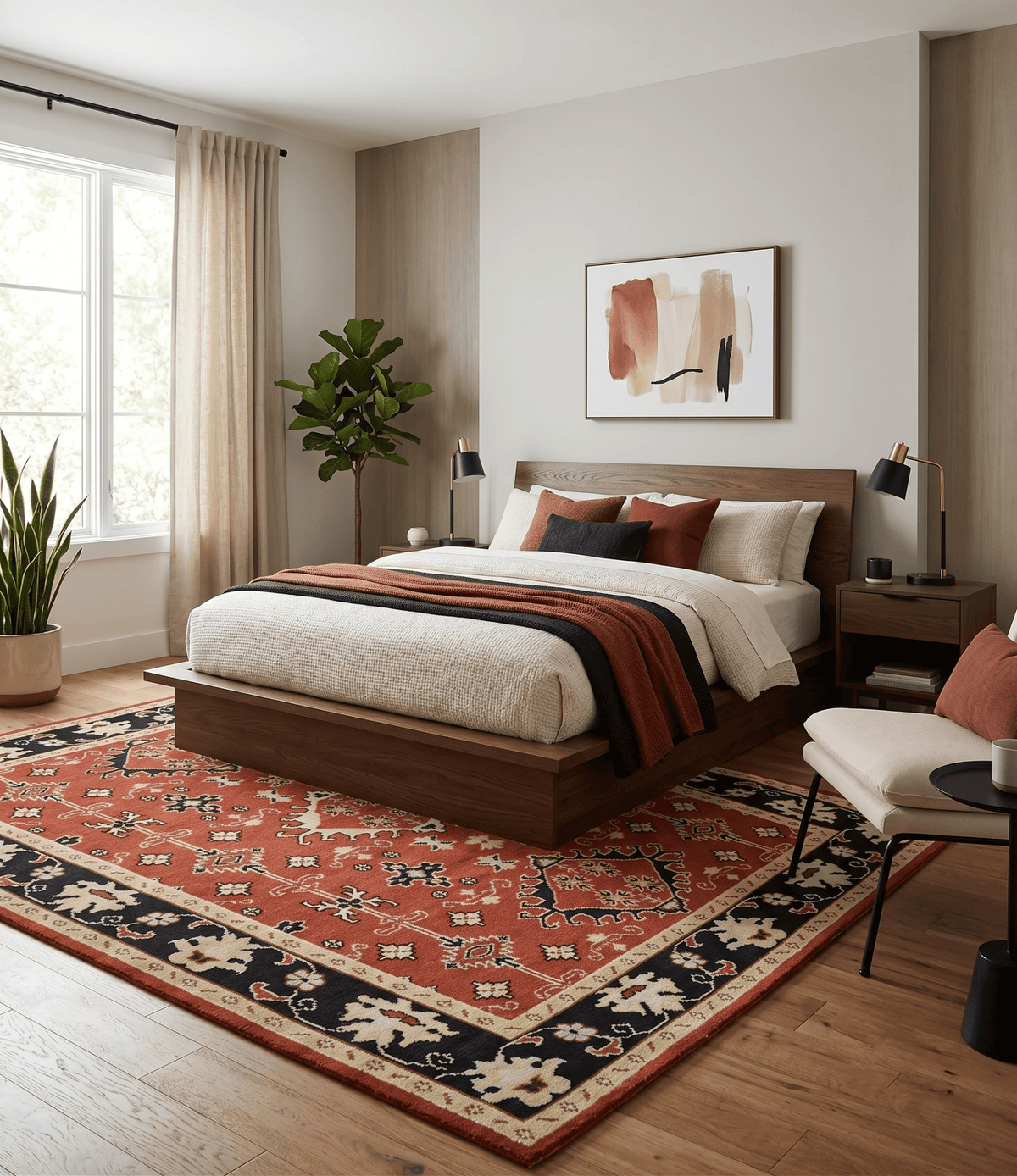 Rust, Black and Beige Traditional Oriental Hand Knotted Custom Made Wool Area Rug.