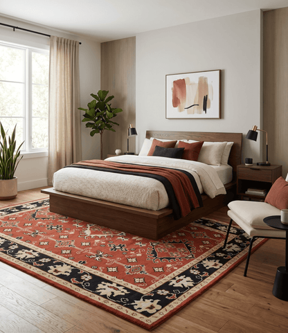 Rust, Black and Beige Traditional Oriental Hand Knotted Custom Made Wool Area Rug.