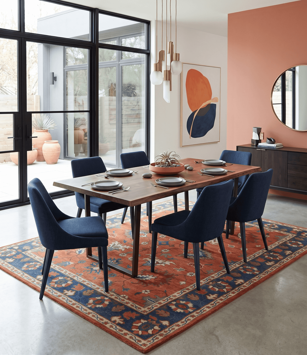 Rust, Blue and Beige Hand Knotted Oriental Oushak Multi Size wool Area Rug.