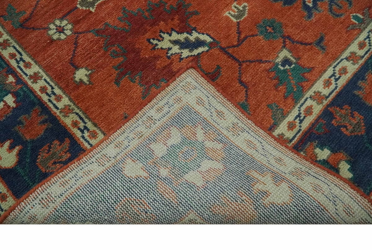 Rust, Blue and Beige Hand Knotted Oriental Oushak Multi Size wool Area Rug.