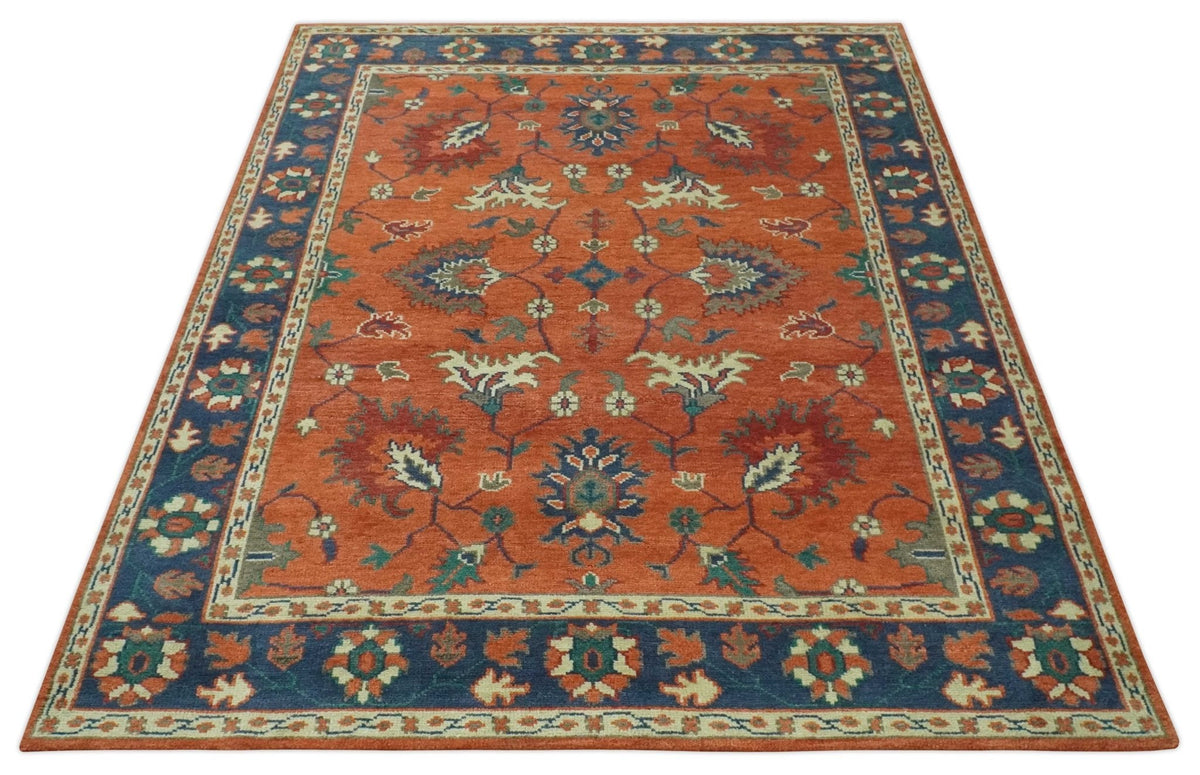 Rust, Blue and Beige Hand Knotted Oriental Oushak Multi Size wool Area Rug.