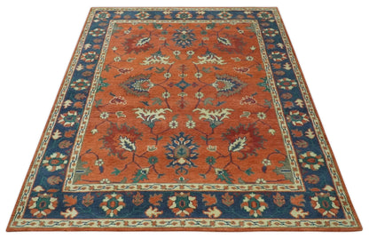 Rust, Blue and Beige Hand Knotted Oriental Oushak Multi Size wool Area Rug.