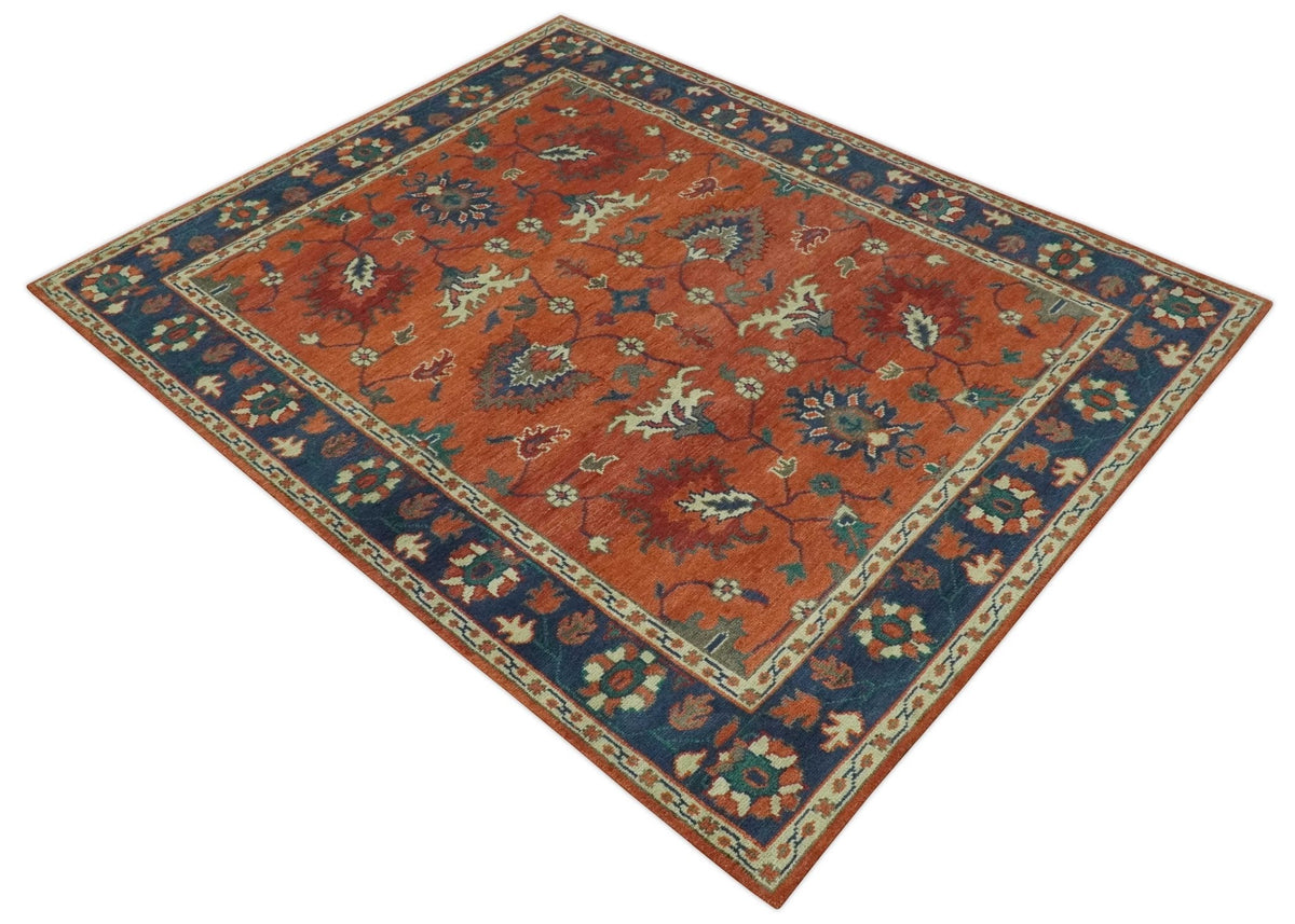 Rust, Blue and Beige Hand Knotted Oriental Oushak Multi Size wool Area Rug.