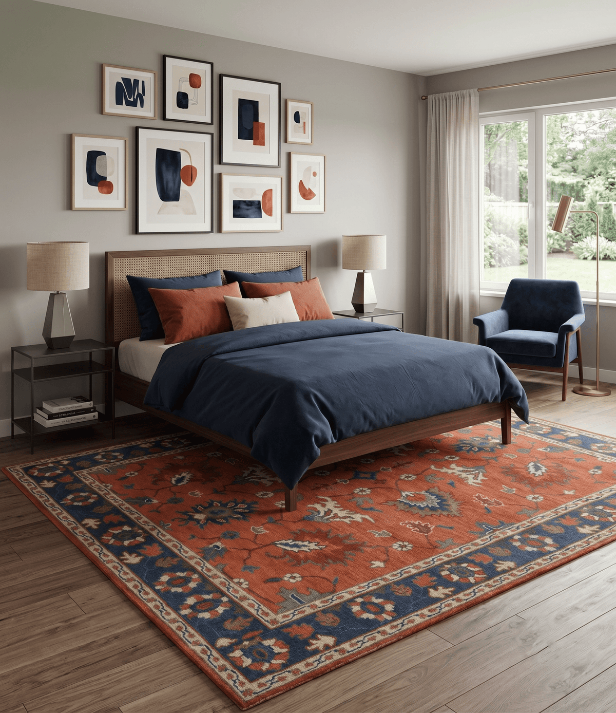 Rust, Blue and Beige Hand Knotted Oriental Oushak Multi Size wool Area Rug.