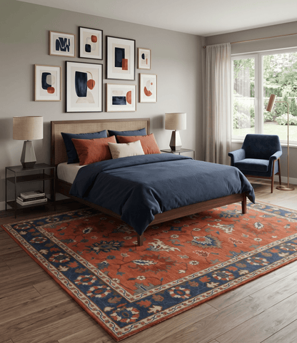 Rust, Blue and Beige Hand Knotted Oriental Oushak Multi Size wool Area Rug.