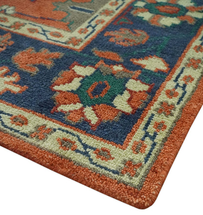 Rust, Blue and Beige Hand Knotted Oriental Oushak Multi Size wool Area Rug.