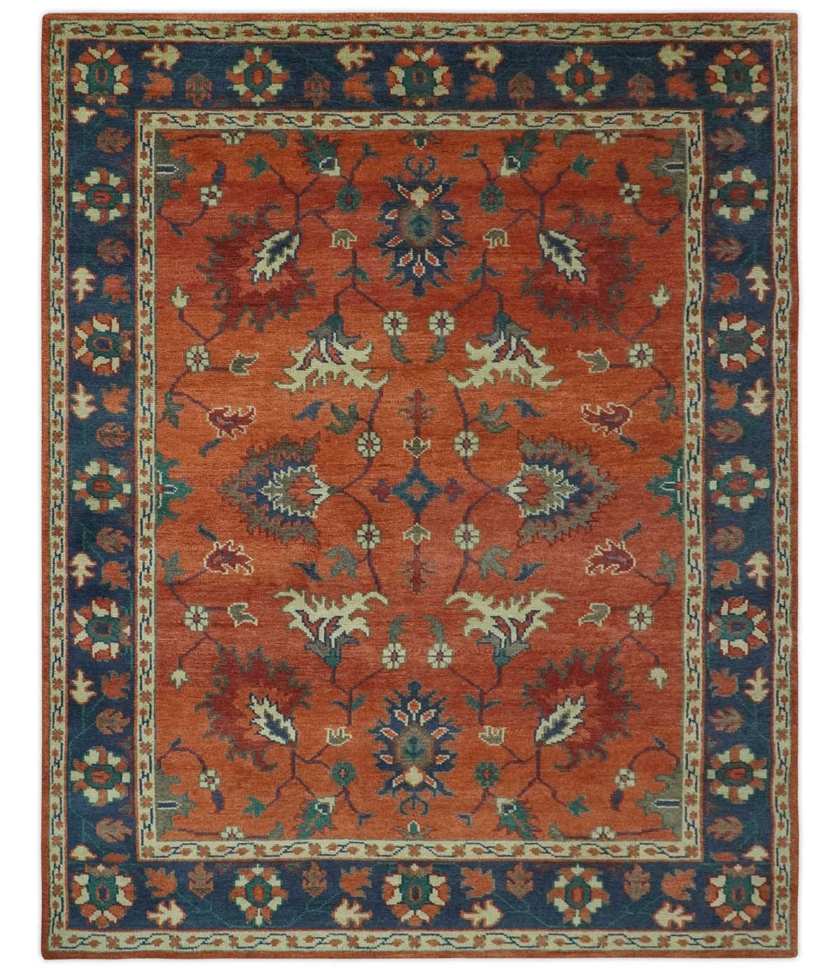 Rust, Blue and Beige Hand Knotted Oriental Oushak Multi Size wool Area Rug.
