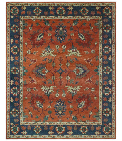 Rust, Blue and Beige Hand Knotted Oriental Oushak Multi Size wool Area Rug.