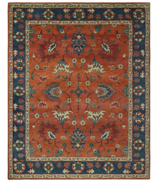 Rust, Blue and Beige Hand Knotted Oriental Oushak Multi Size wool Area Rug.