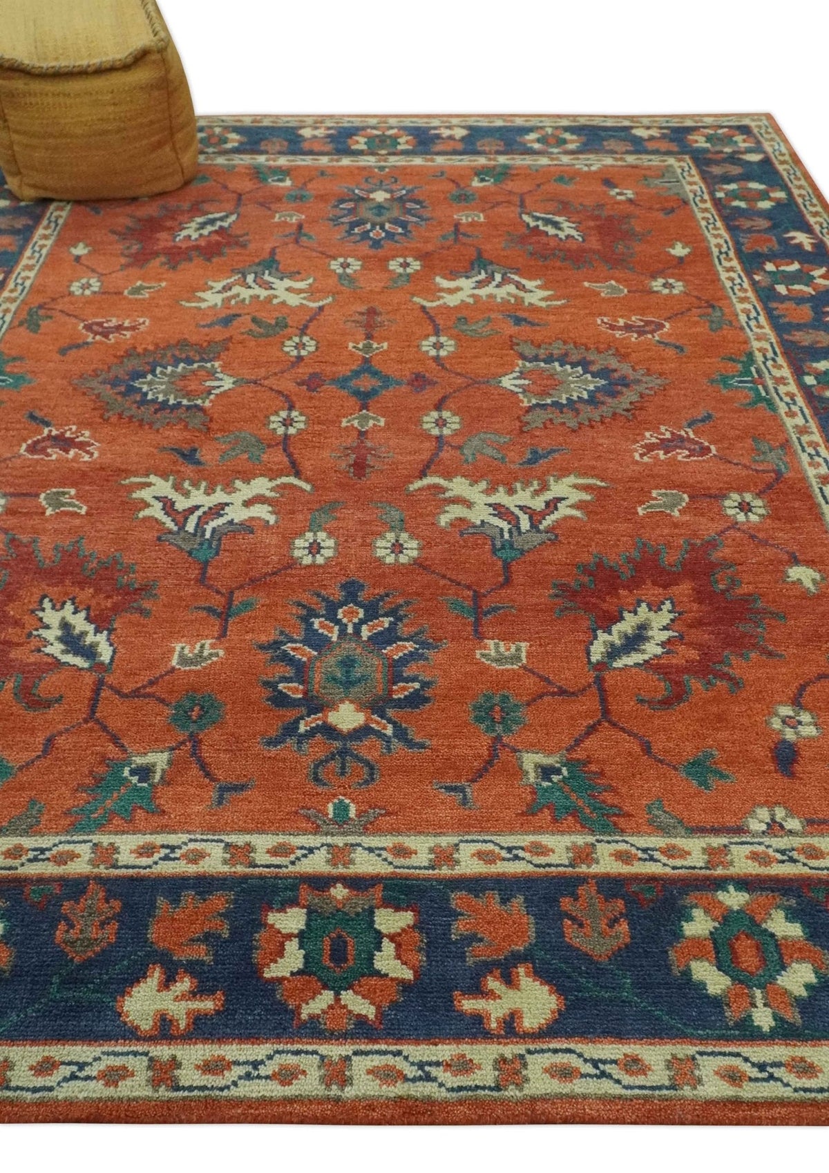 Rust, Blue and Beige Hand Knotted Oriental Oushak Multi Size wool Area Rug.
