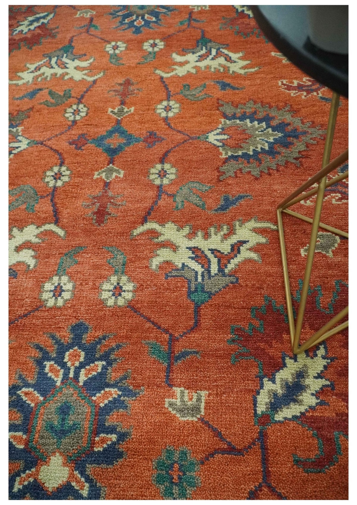 Rust, Blue and Beige Hand Knotted Oriental Oushak Multi Size wool Area Rug.